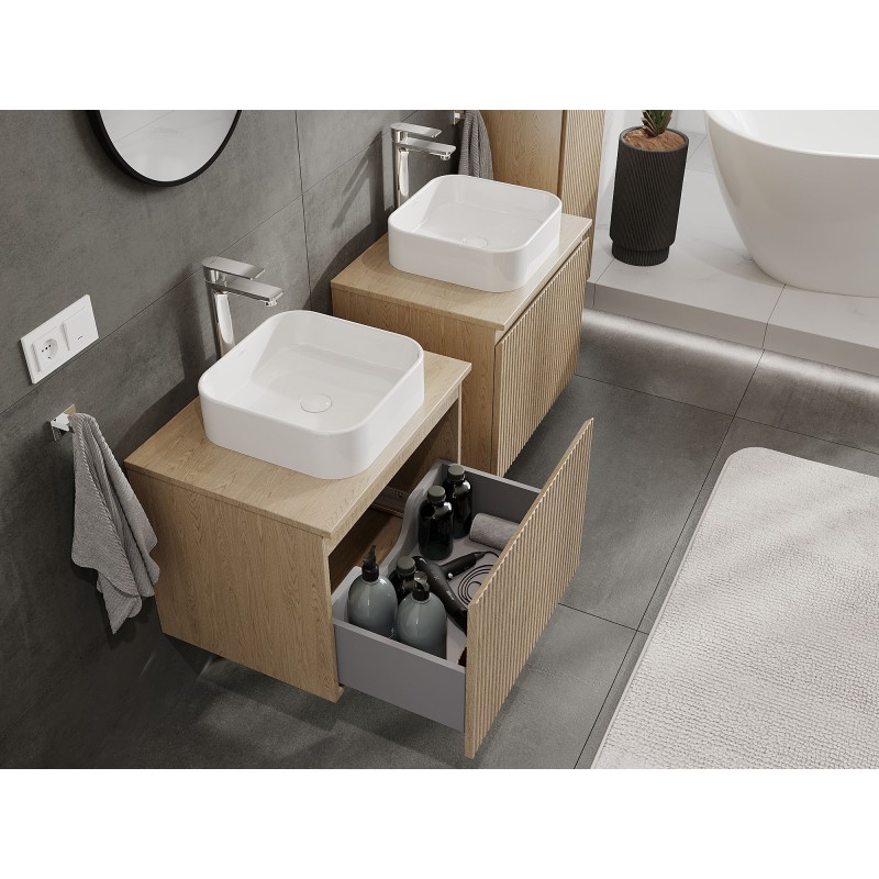 Mexen Rivel szafka łazienkowa podumywalkowa 60 cm z blatem, 1 szuflada, ryflowana , dąb - 91A20-06047-1-BFC81