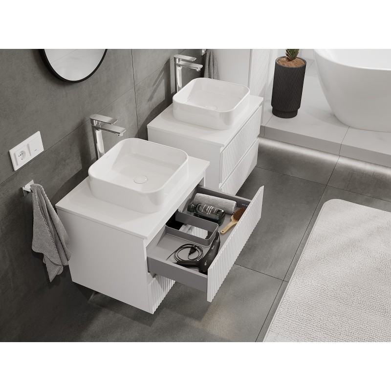 Mexen Rivel szafka łazienkowa podumywalkowa 60 cm z blatem, 2 szuflady, ryflowana , biała mat - 91A20-06047-2-BFFC01