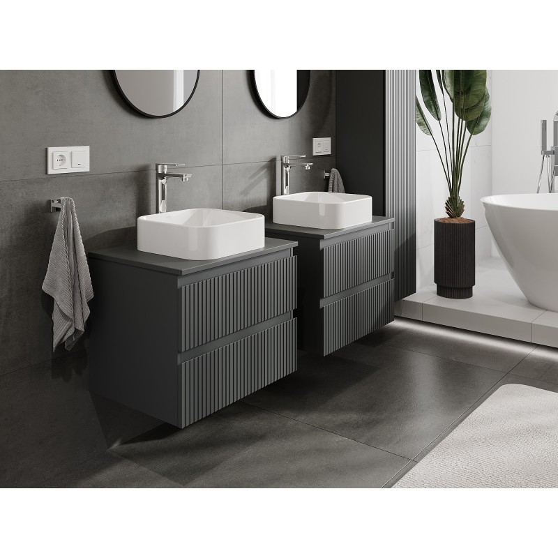 Mexen Rivel szafka łazienkowa podumywalkowa 60 cm z blatem, 2 szuflady, ryflowana , grafit mat - 91A20-06047-2-BFFC66