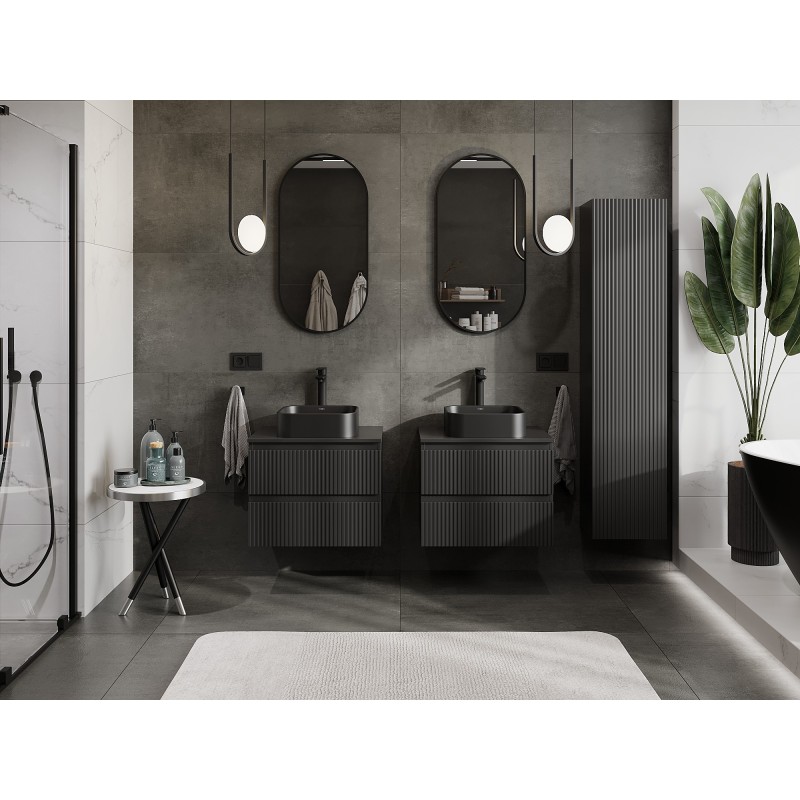 Mexen Rivel szafka łazienkowa podumywalkowa 60 cm z blatem, 2 szuflady, ryflowana , czarna mat - 91A20-06047-2-BFFC71