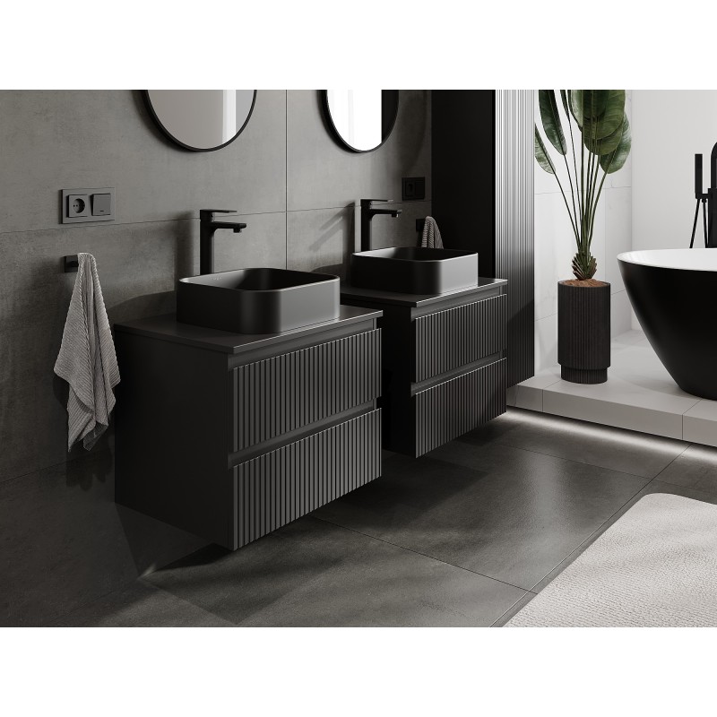 Mexen Rivel szafka łazienkowa podumywalkowa 60 cm z blatem, 2 szuflady, ryflowana , czarna mat - 91A20-06047-2-BFFC71