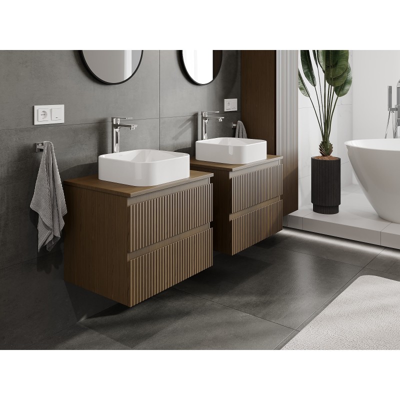 Mexen Rivel szafka łazienkowa podumywalkowa 60 cm z blatem, 2 szuflady, ryflowana , orzech - 91A20-06047-2-BFFC86