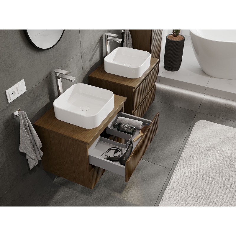 Mexen Rivel szafka łazienkowa podumywalkowa 60 cm z blatem, 2 szuflady, ryflowana , orzech - 91A20-06047-2-BFFC86