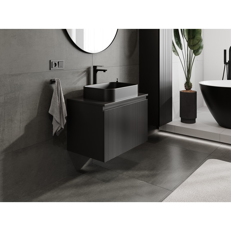 Mexen Rivel szafka łazienkowa podumywalkowa 70 cm z blatem, 1 szuflada, ryflowana , czarna mat - 91A20-07047-1-BFC71