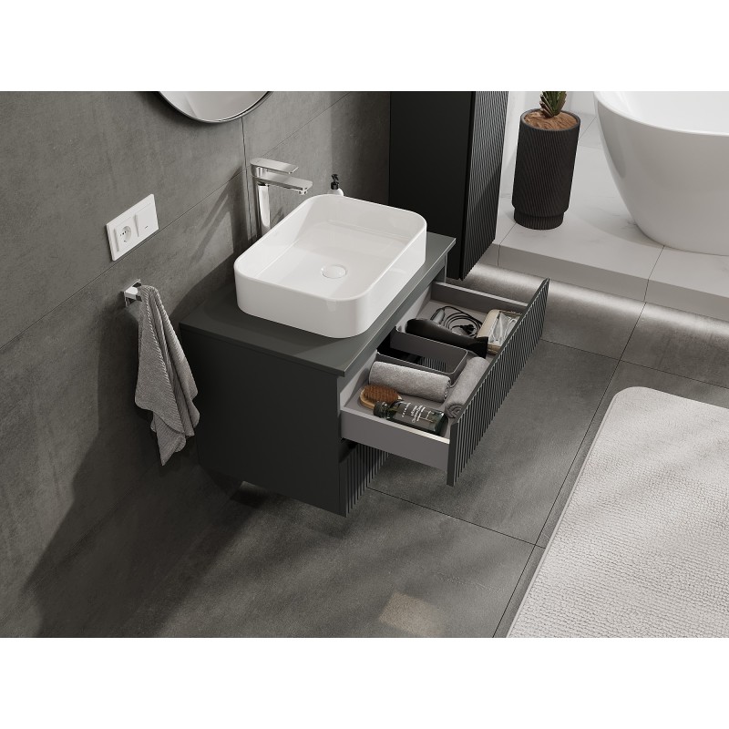 Mexen Rivel szafka łazienkowa podumywalkowa 70 cm z blatem, 2 szuflady, ryflowana , grafit mat - 91A20-07047-2-BFFC66