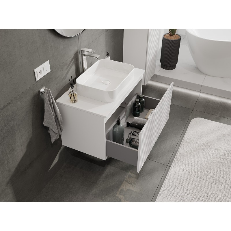 Mexen Rivel szafka łazienkowa podumywalkowa 80 cm z blatem, 1 szuflada, ryflowana , biała mat - 91A20-08047-1-BFC01