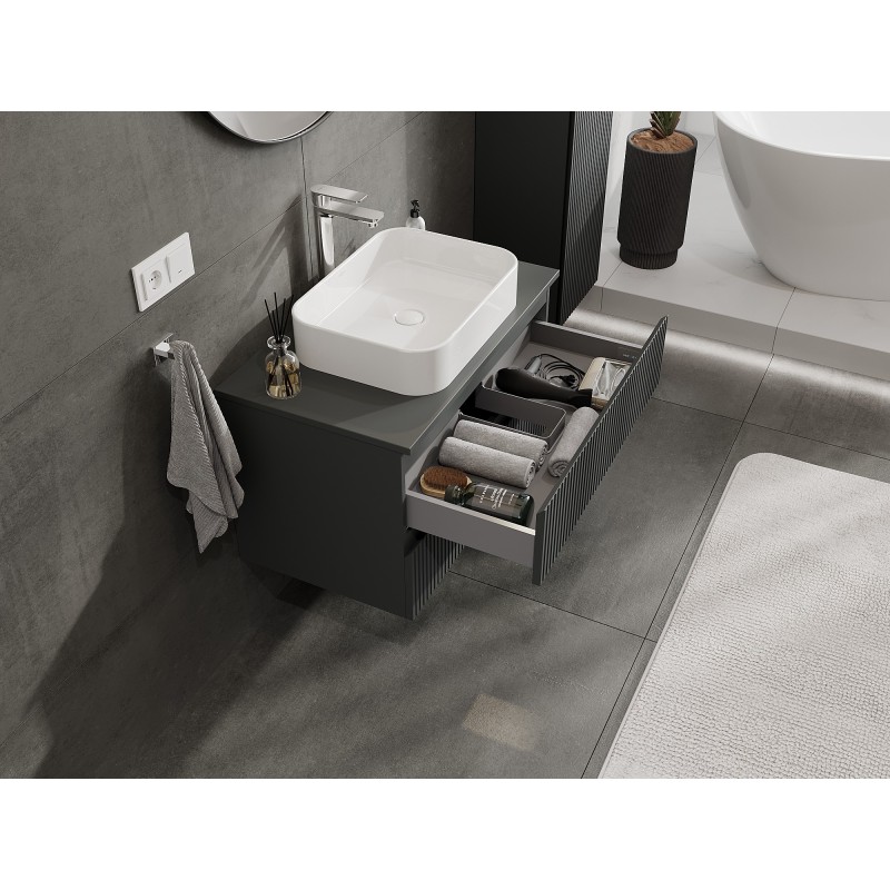 Mexen Rivel szafka łazienkowa podumywalkowa 80 cm z blatem, 2 szuflady, ryflowana , grafit mat - 91A20-08047-2-BFFC66