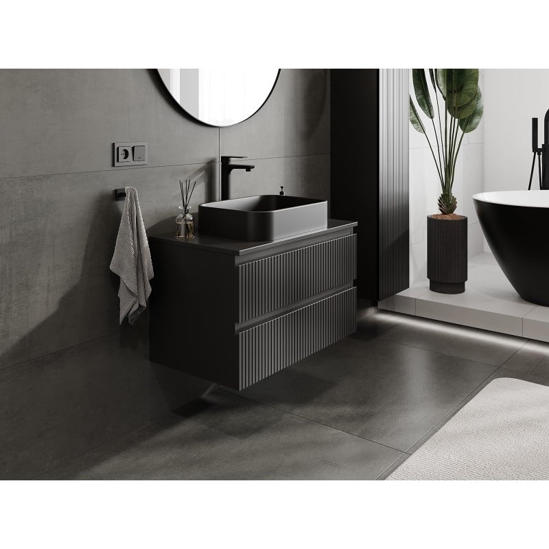 Mexen Rivel szafka łazienkowa podumywalkowa 80 cm z blatem, 2 szuflady, ryflowana , czarna mat - 91A20-08047-2-BFFC71