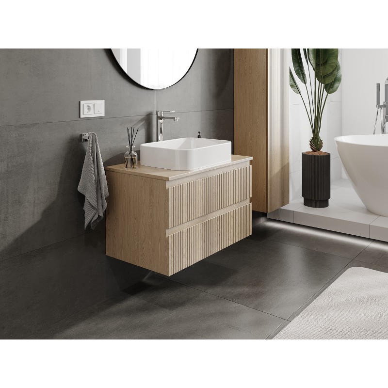 Mexen Rivel szafka łazienkowa podumywalkowa 80 cm z blatem, 2 szuflady, ryflowana , dąb - 91A20-08047-2-BFFC81