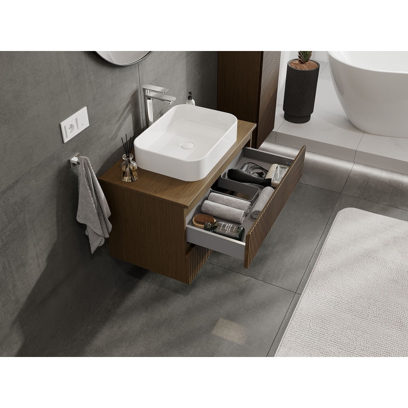 Mexen Rivel szafka łazienkowa podumywalkowa 80 cm z blatem, 2 szuflady, ryflowana , orzech - 91A20-08047-2-BFFC86