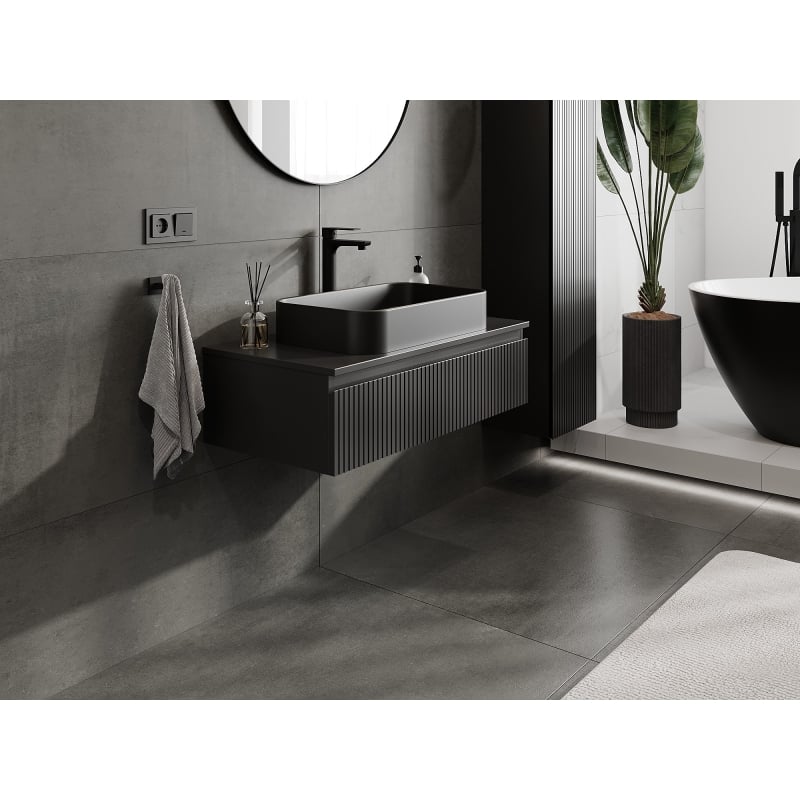 Mexen Rivel szafka łazienkowa podumywalkowa 90 cm z blatem, 1 szuflada, ryflowana , czarna mat - 91A20-09023-1-BFC71