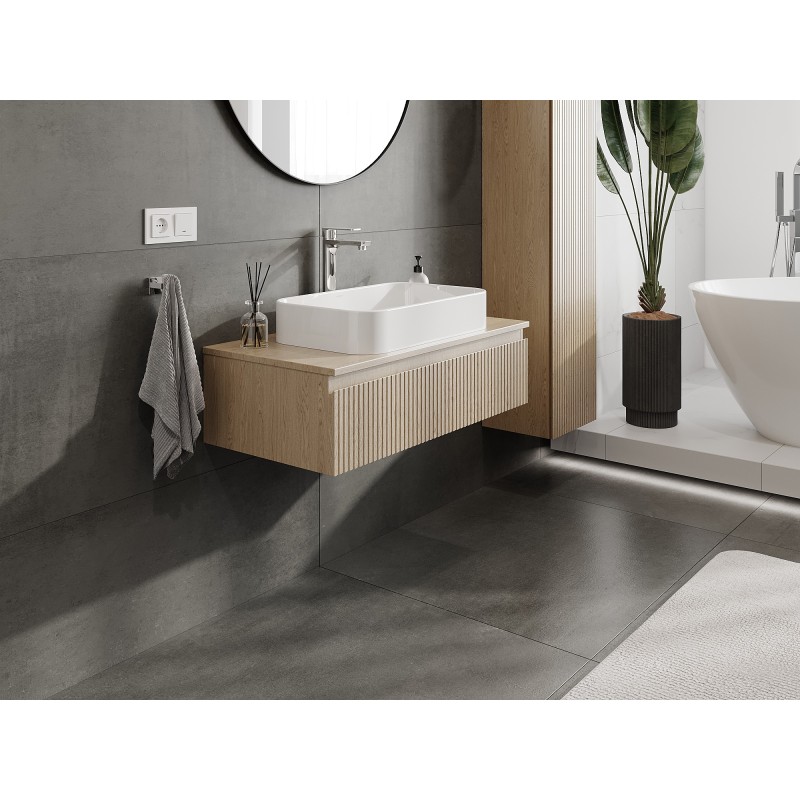 Mexen Rivel szafka łazienkowa podumywalkowa 90 cm z blatem, 1 szuflada, ryflowana , dąb - 91A20-09023-1-BFC81