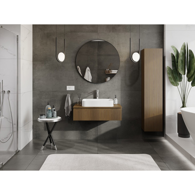Mexen Rivel szafka łazienkowa podumywalkowa 90 cm z blatem, 1 szuflada, ryflowana , orzech - 91A20-09023-1-BFC86
