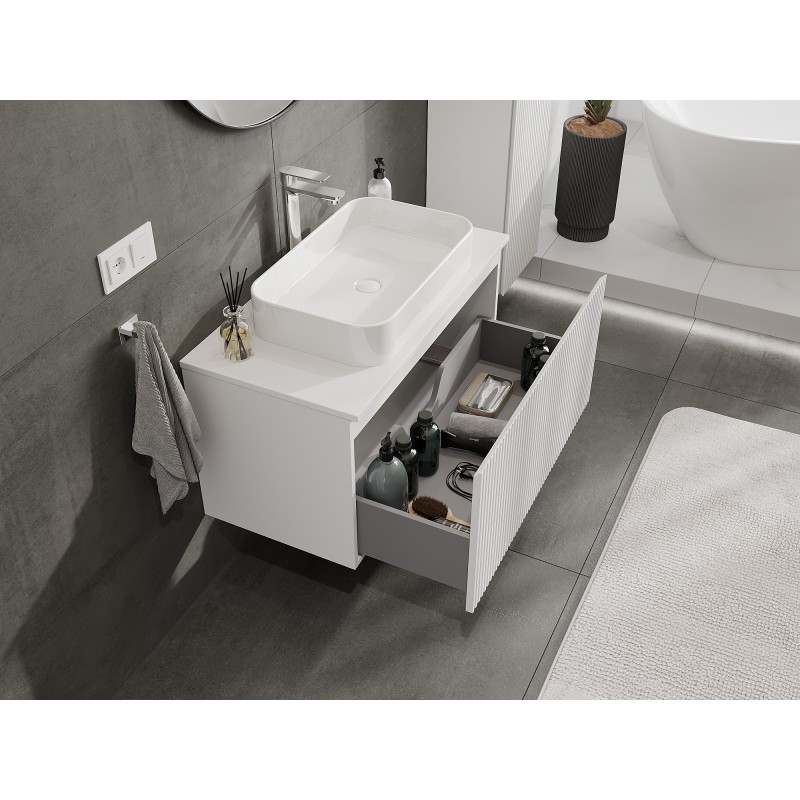 Mexen Rivel szafka łazienkowa podumywalkowa 90 cm z blatem, 1 szuflada, ryflowana , biała mat - 91A20-09047-1-BFC01