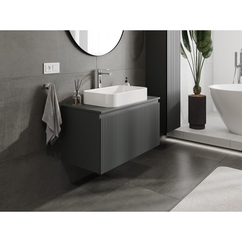 Mexen Rivel szafka łazienkowa podumywalkowa 90 cm z blatem, 1 szuflada, ryflowana , grafit mat - 91A20-09047-1-BFC66
