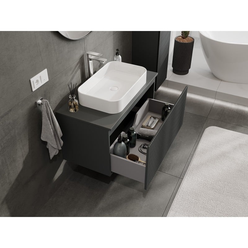 Mexen Rivel szafka łazienkowa podumywalkowa 90 cm z blatem, 1 szuflada, ryflowana , grafit mat - 91A20-09047-1-BFC66