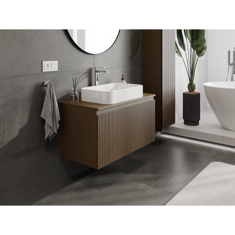 Mexen Rivel szafka łazienkowa podumywalkowa 90 cm z blatem, 1 szuflada, ryflowana , orzech  - 91A20-09047-1-BFC86