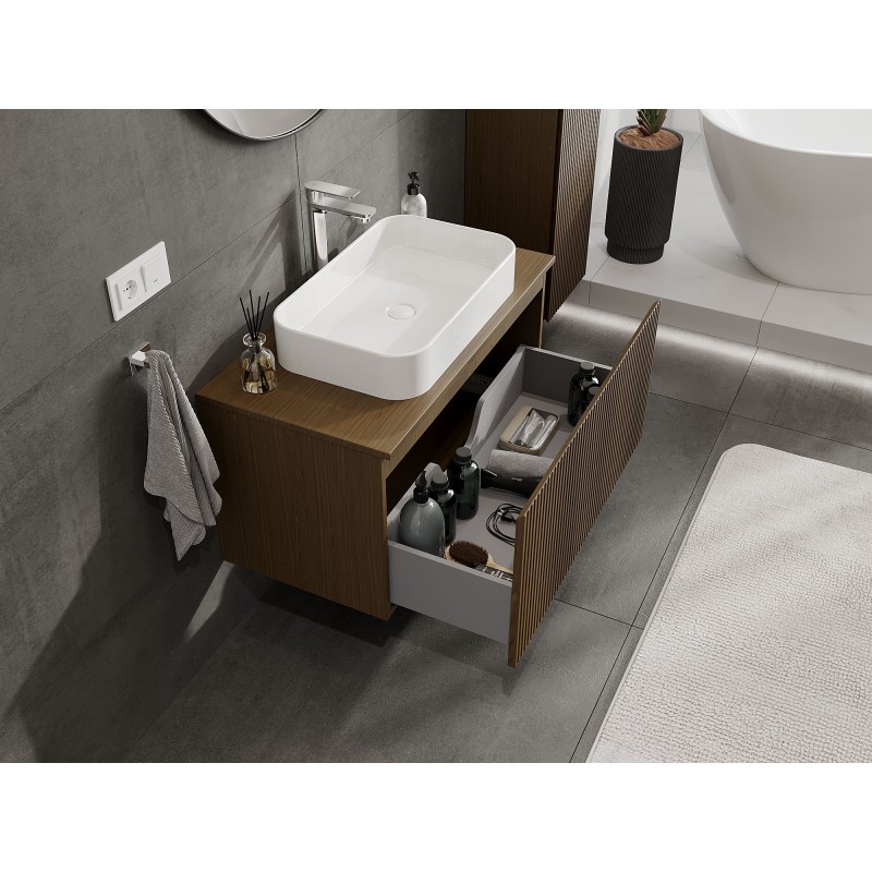 Mexen Rivel szafka łazienkowa podumywalkowa 90 cm z blatem, 1 szuflada, ryflowana , orzech  - 91A20-09047-1-BFC86