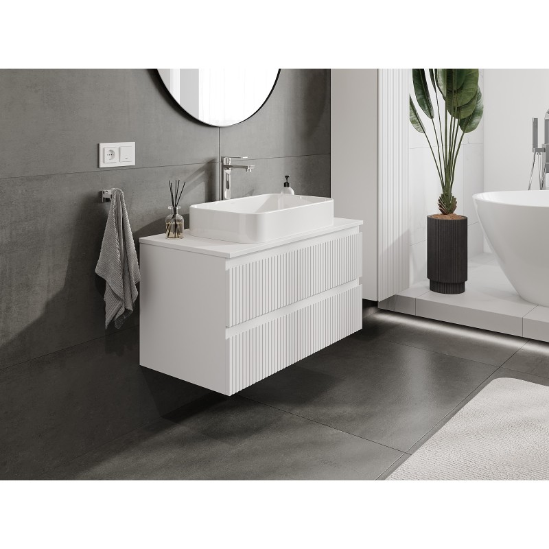 Mexen Rivel szafka łazienkowa podumywalkowa 90 cm z blatem, 2 szuflady, ryflowana , biała mat - 91A20-09047-2-BFFC01