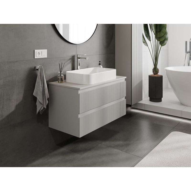 Mexen Rivel szafka łazienkowa podumywalkowa 90 cm z blatem, 2 szuflady, ryflowana , szara mat - 91A20-09047-2-BFFC62