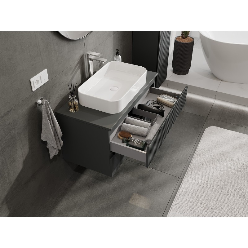 Mexen Rivel szafka łazienkowa podumywalkowa 90 cm z blatem, 2 szuflady, ryflowana , grafit mat - 91A20-09047-2-BFFC66