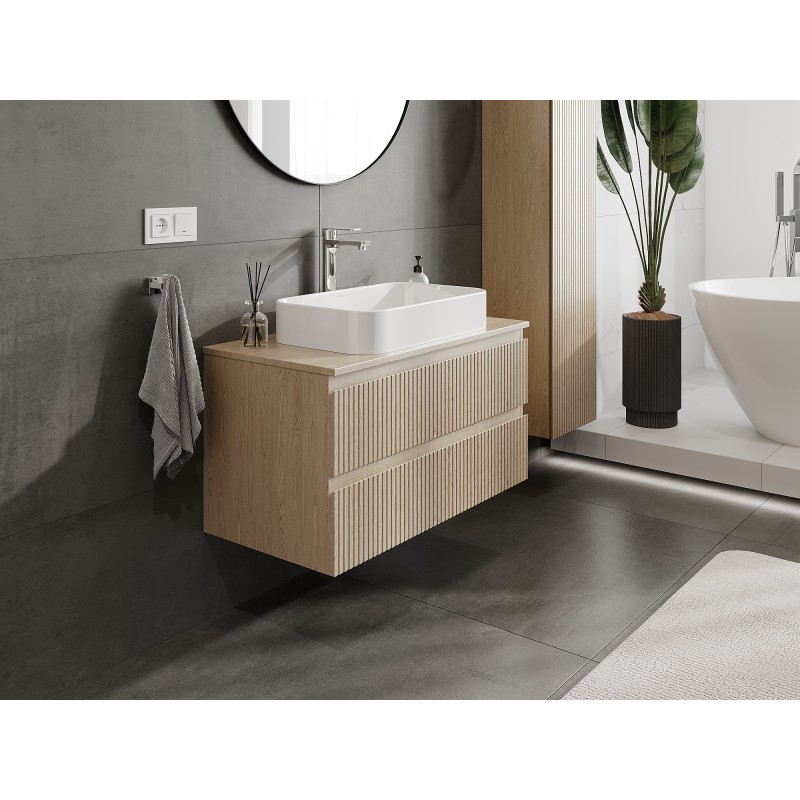 Mexen Rivel szafka łazienkowa podumywalkowa 90 cm z blatem, 2 szuflady, ryflowana , dąb - 91A20-09047-2-BFFC81