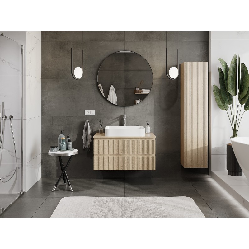 Mexen Rivel szafka łazienkowa podumywalkowa 90 cm z blatem, 2 szuflady, ryflowana , dąb - 91A20-09047-2-BFFC81
