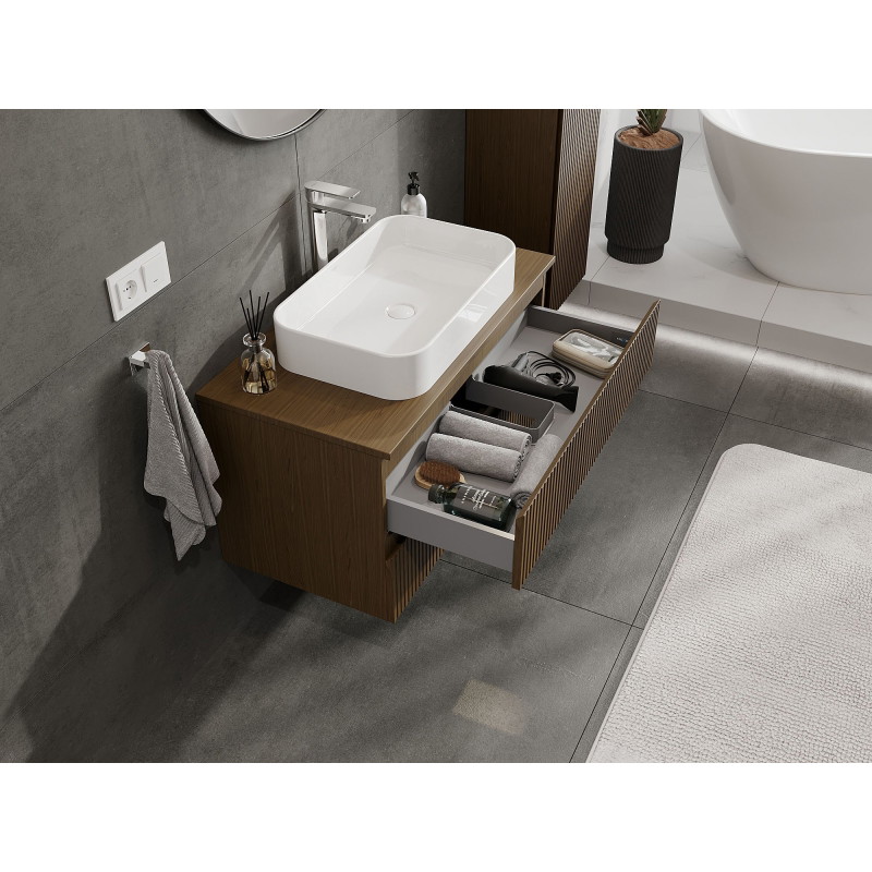 Mexen Rivel szafka łazienkowa podumywalkowa 90 cm z blatem, 2 szuflady, ryflowana , orzech - 91A20-09047-2-BFFC86