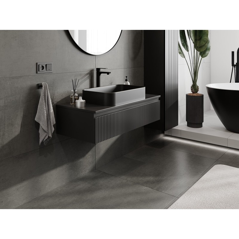 Mexen Rivel szafka łazienkowa podumywalkowa 100 cm z blatem, 1 szuflada, ryflowana , czarna mat - 91A20-10023-1-BFC71