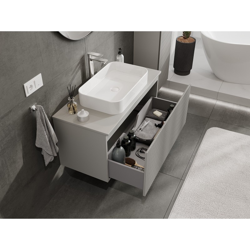 Mexen Rivel szafka łazienkowa podumywalkowa 100 cm z blatem, 1 szuflada, ryflowana , szara mat - 91A20-10047-1-BFC62