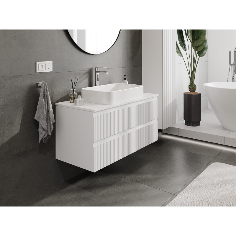 Mexen Rivel szafka łazienkowa podumywalkowa 100 cm z blatem, 2 szuflady, ryflowana , biała mat - 91A20-10047-2-BFFC01