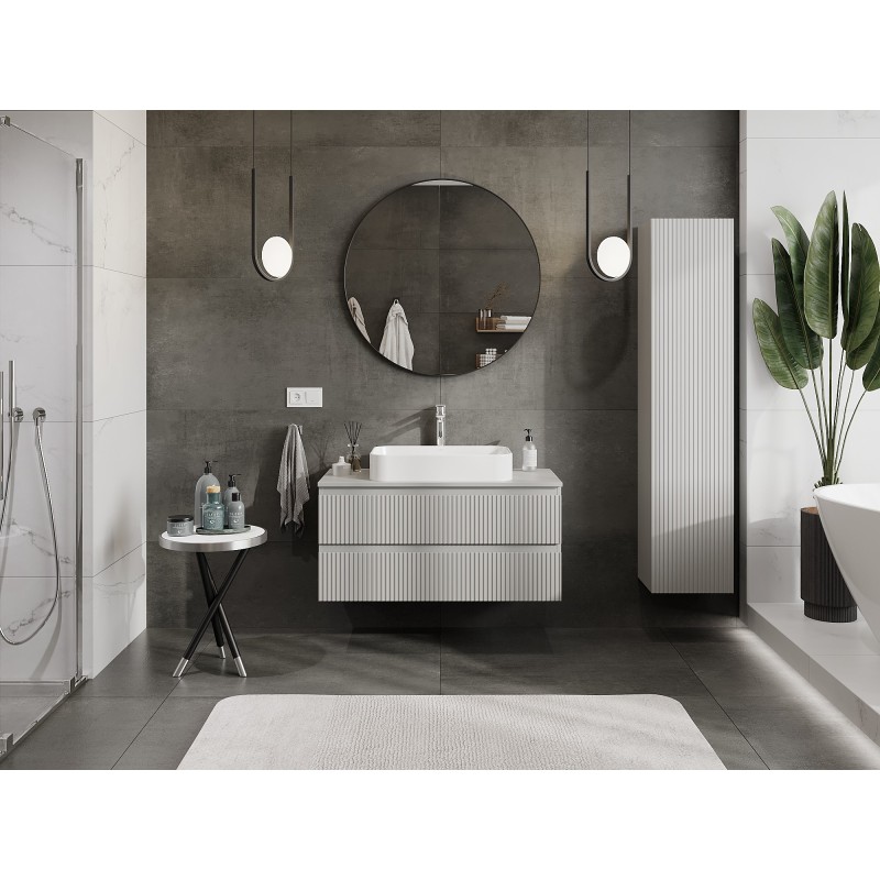 Mexen Rivel szafka łazienkowa podumywalkowa 100 cm z blatem, 2 szuflady, ryflowana , szara mat - 91A20-10047-2-BFFC62