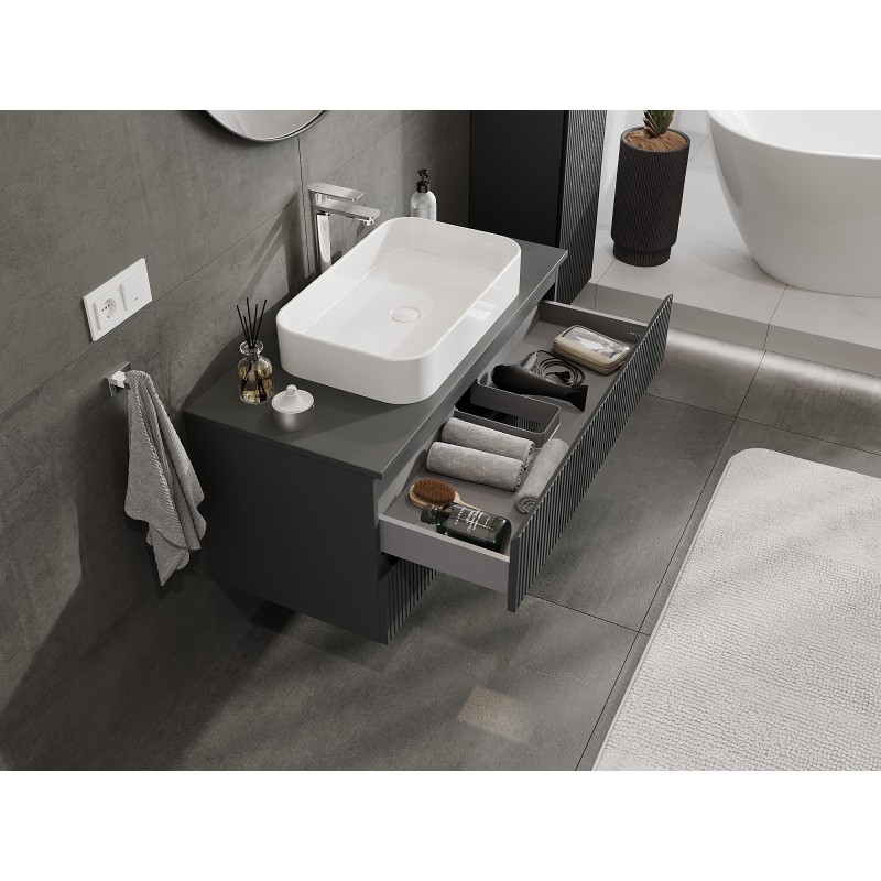 Mexen Rivel szafka łazienkowa podumywalkowa 100 cm z blatem, 2 szuflady, ryflowana , grafit mat - 91A20-10047-2-BFFC66