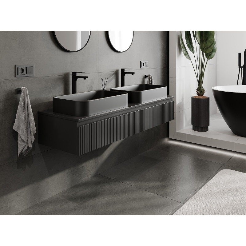 Mexen Rivel szafka łazienkowa podumywalkowa 140 cm z blatem, 1 szuflada, ryflowana , czarna mat - 91A20-14023-1-BFC71