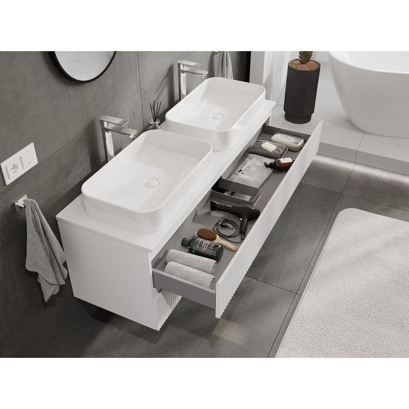 Mexen Rivel szafka łazienkowa podumywalkowa 140 cm z blatem, 2 szuflady, ryflowana , biała mat - 91A20-14047-2-BFFC01