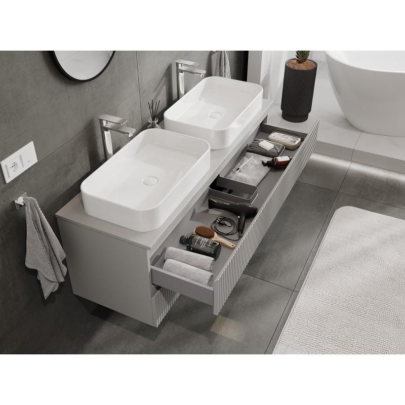 Mexen Rivel szafka łazienkowa podumywalkowa 140 cm z blatem, 2 szuflady, ryflowana , szara mat - 91A20-14047-2-BFFC62