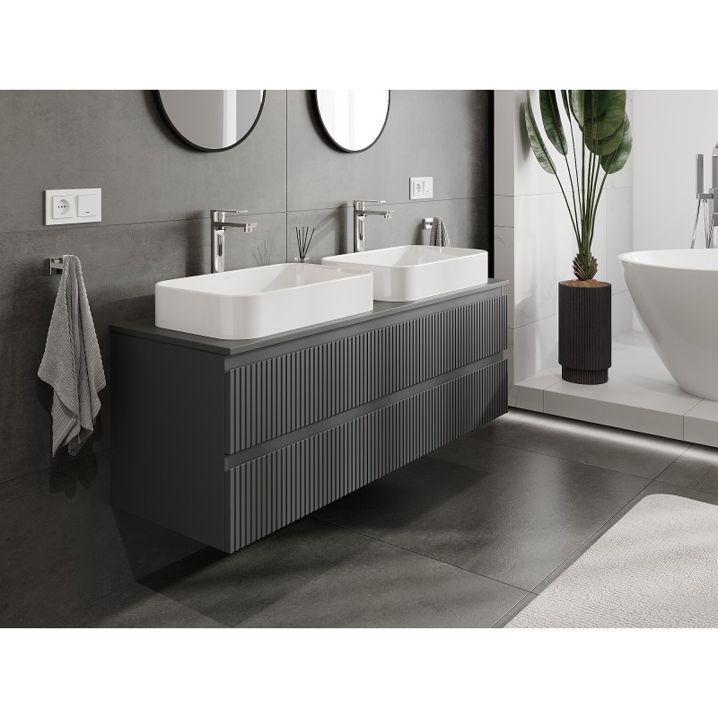 Mexen Rivel szafka łazienkowa podumywalkowa 140 cm z blatem, 2 szuflady, ryflowana , grafit mat - 91A20-14047-2-BFFC66