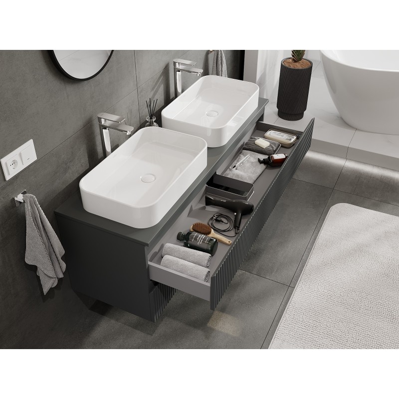 Mexen Rivel szafka łazienkowa podumywalkowa 140 cm z blatem, 2 szuflady, ryflowana , grafit mat - 91A20-14047-2-BFFC66