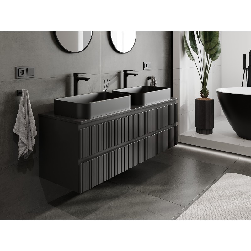 Mexen Rivel szafka łazienkowa podumywalkowa 140 cm z blatem, 2 szuflady, ryflowana , czarna mat - 91A20-14047-2-BFFC71