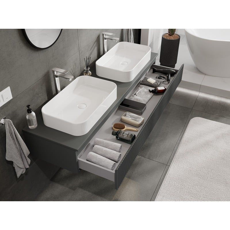 Mexen Rivel szafka łazienkowa podumywalkowa 160 cm z blatem, 1 szuflada, ryflowana , grafit mat - 91A20-16023-1-BFC66