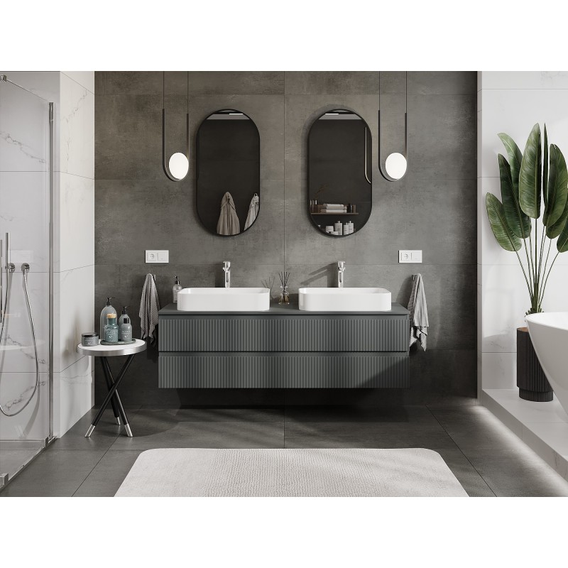 Mexen Rivel szafka łazienkowa podumywalkowa 160 cm z blatem, 2 szuflady, ryflowana , grafit mat - 91A20-16047-2-BFFC66