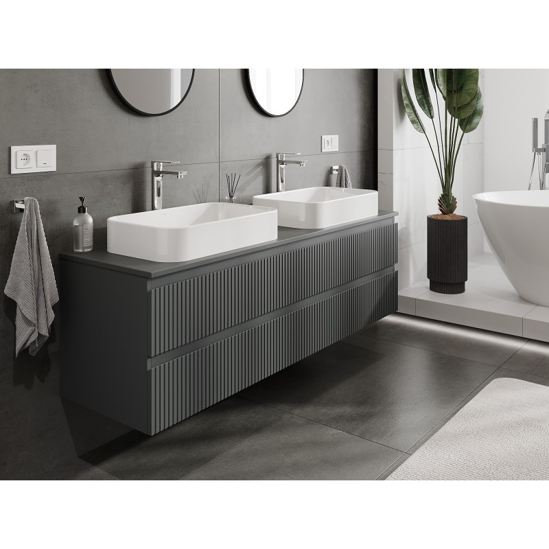 Mexen Rivel szafka łazienkowa podumywalkowa 160 cm z blatem, 2 szuflady, ryflowana , grafit mat - 91A20-16047-2-BFFC66