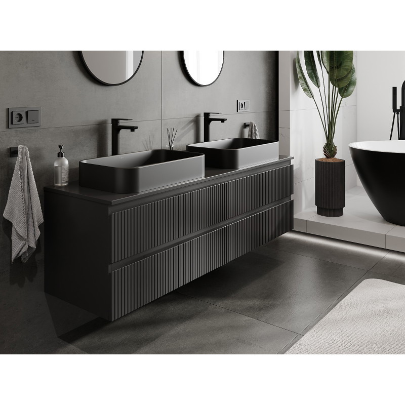 Mexen Rivel szafka łazienkowa podumywalkowa 160 cm z blatem, 2 szuflady, ryflowana , czarna mat - 91A20-16047-2-BFFC71