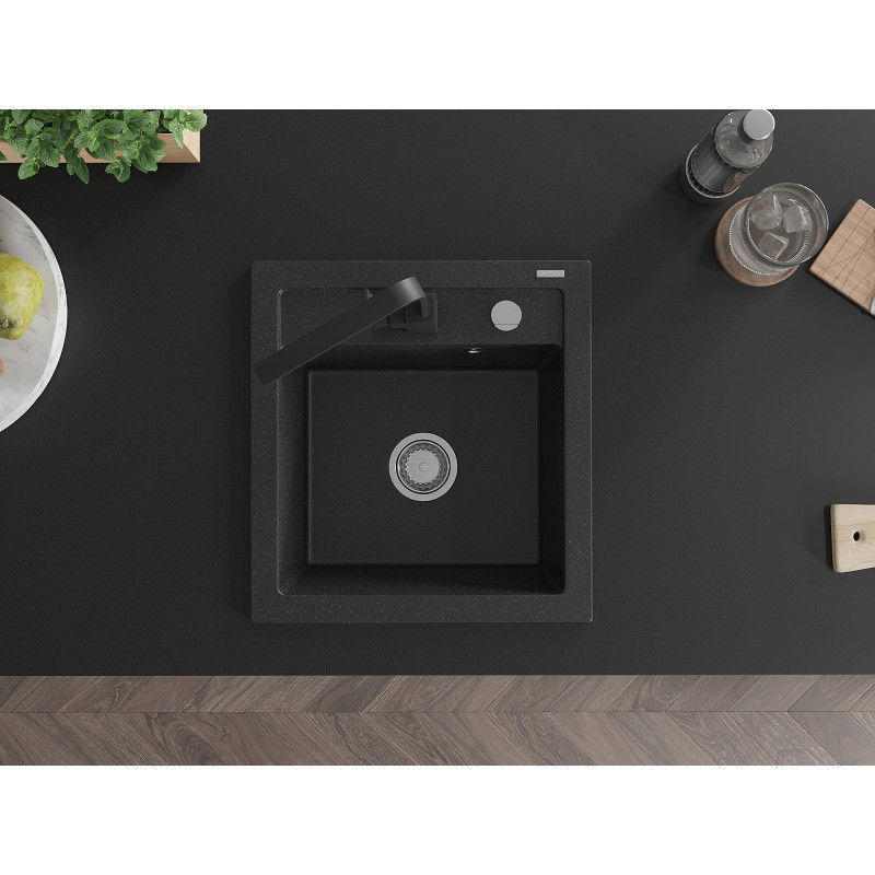 Mexen Vito zlewozmywak granitowy 1-komorowy z baterią kuchenną Rita, czarny/srebrny metalik - 6503-73-670300-70
