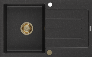 Mexen Bruno zlewozmywak granitowy 1-komorowy z ociekaczem 795 x 495 mm, czarny/srebrny metalik, syfon złoty - 6513791010-73-G