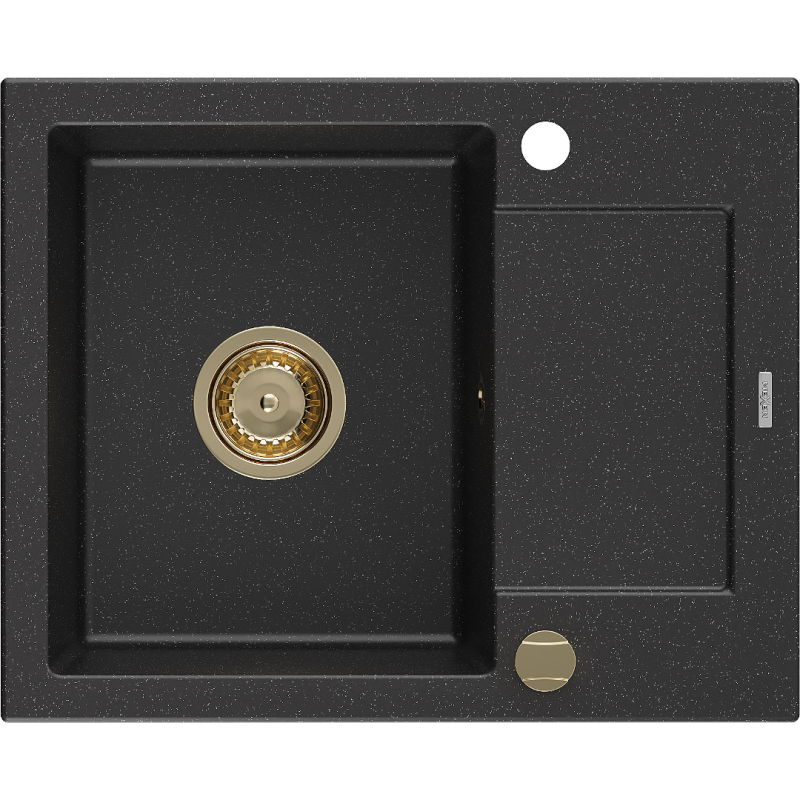 Mexen Enzo zlewozmywak granitowy 1-komorowy z ociekaczem 576 x 465 mm, czarny/srebrny metalik, syfon złoty - 6506571005-73-G