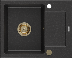 Mexen Enzo zlewozmywak granitowy 1-komorowy z ociekaczem 576 x 465 mm, czarny/srebrny metalik, syfon złoty - 6506571005-73-G