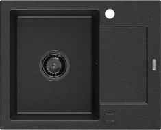 Mexen Enzo zlewozmywak granitowy 1-komorowy z ociekaczem 576 x 465 mm, czarny/srebrny metalik, syfon czarny - 6506571005-73-B