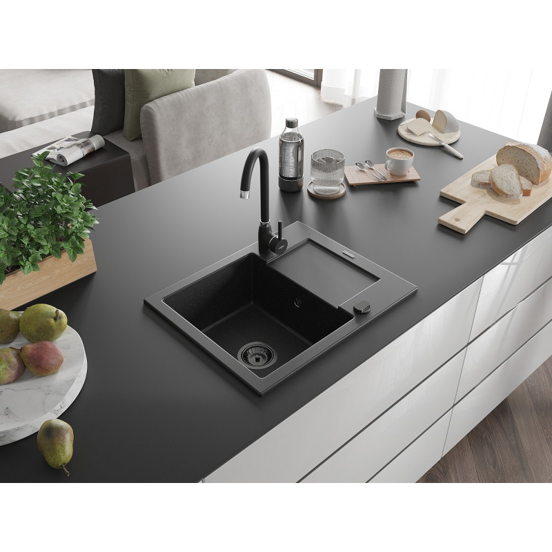Mexen Enzo zlewozmywak granitowy 1-komorowy z ociekaczem 576 x 465 mm, czarny/srebrny metalik, syfon czarny - 6506571005-73-B