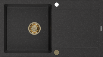 Mexen Leo zlewozmywak granitowy 1-komorowy z ociekaczem 900 x 500 mm, czarny/srebrny metalik, syfon złoty - 6501901010-73-G